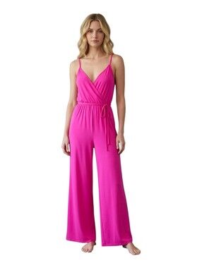 Brit & Bri Barbie Pink V-Neck Wide Leg  Jumpsuit With Belt Size Small